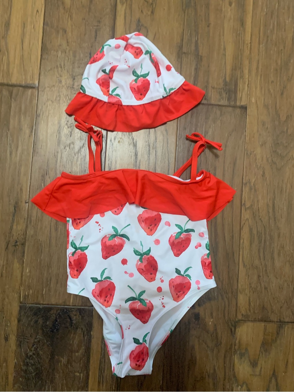 SHEIN Stawberry Print Red & White Girls' Swim One Piece- Ruffle Trim with Hat